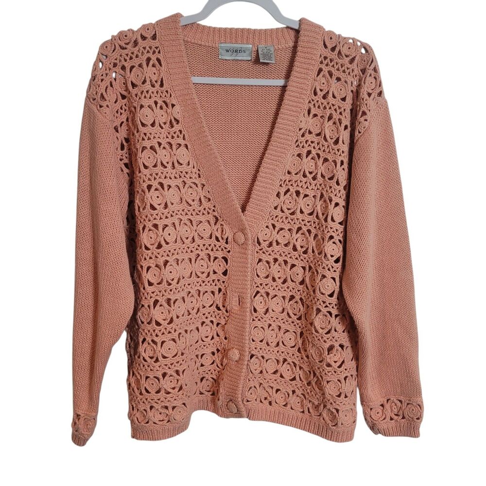 Vintage Words Floral Crochet Knit Cardigan Sweater Women's Size Medium Pink READ